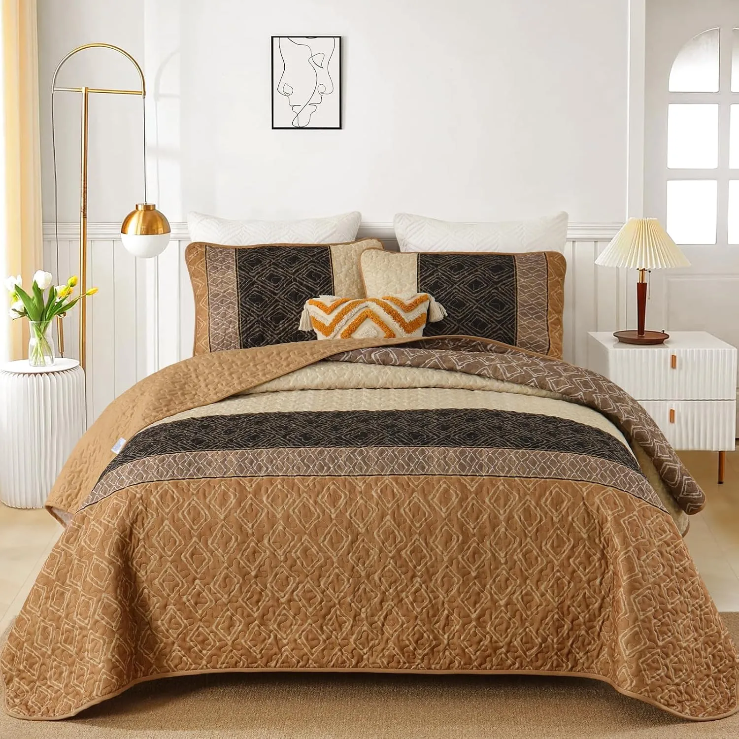 Cottolester Queen Quilt Set 3 Pieces,Brown Striped Bedspread,Boho Plaid Bedding Set Soft Microfiber Quilt with 2 Pillow Shams 96"x90"