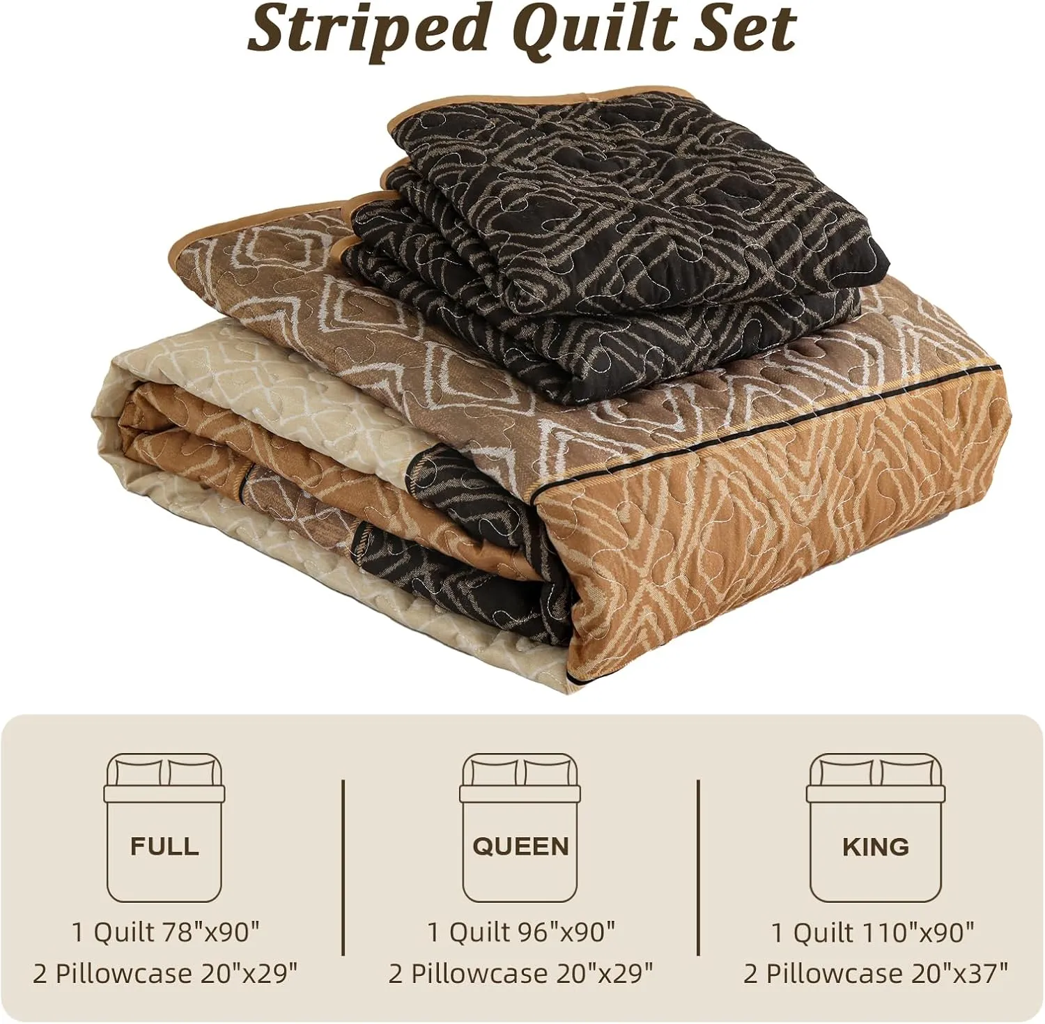 Cottolester Queen Quilt Set 3 Pieces,Brown Striped Bedspread,Boho Plaid Bedding Set Soft Microfiber Quilt with 2 Pillow Shams 96"x90"