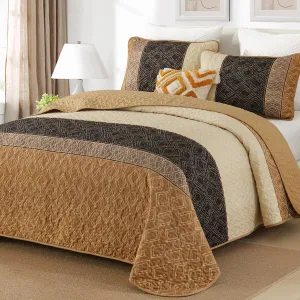 Cottolester Queen Quilt Set 3 Pieces,Brown Striped Bedspread,Boho Plaid Bedding Set Soft Microfiber Quilt with 2 Pillow Shams 96"x90"