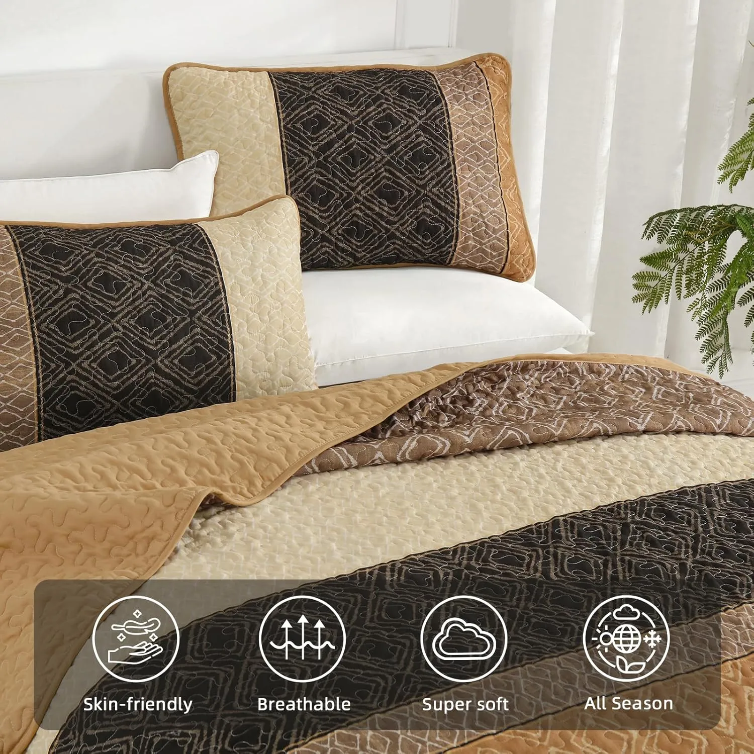 Cottolester Queen Quilt Set 3 Pieces,Brown Striped Bedspread,Boho Plaid Bedding Set Soft Microfiber Quilt with 2 Pillow Shams 96"x90"