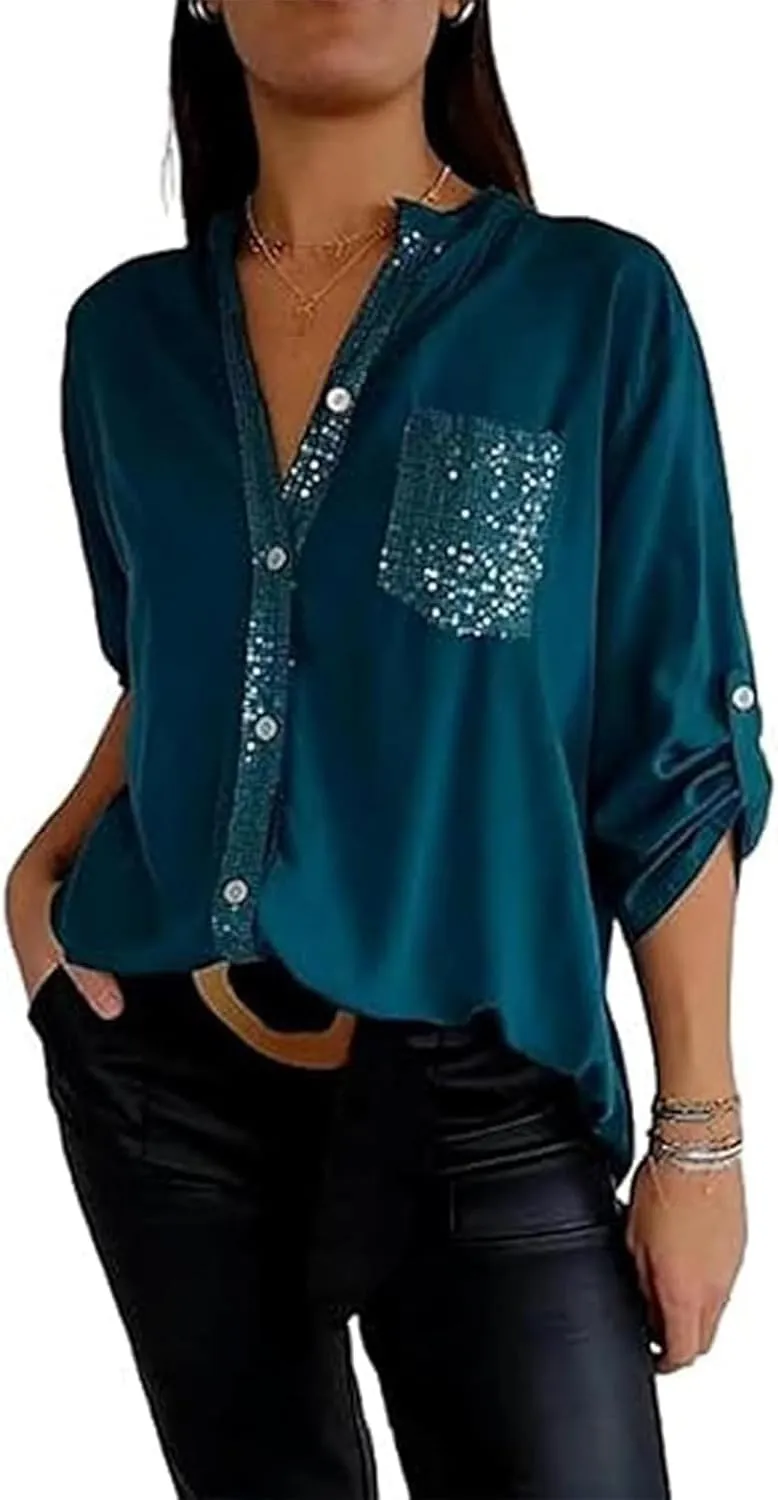 Cotton V-Neck Sequin Mid-Sleeve Casual Top,Glitter Sequin Short Sleeve V Neck Casual Tee Shirt Top for Women