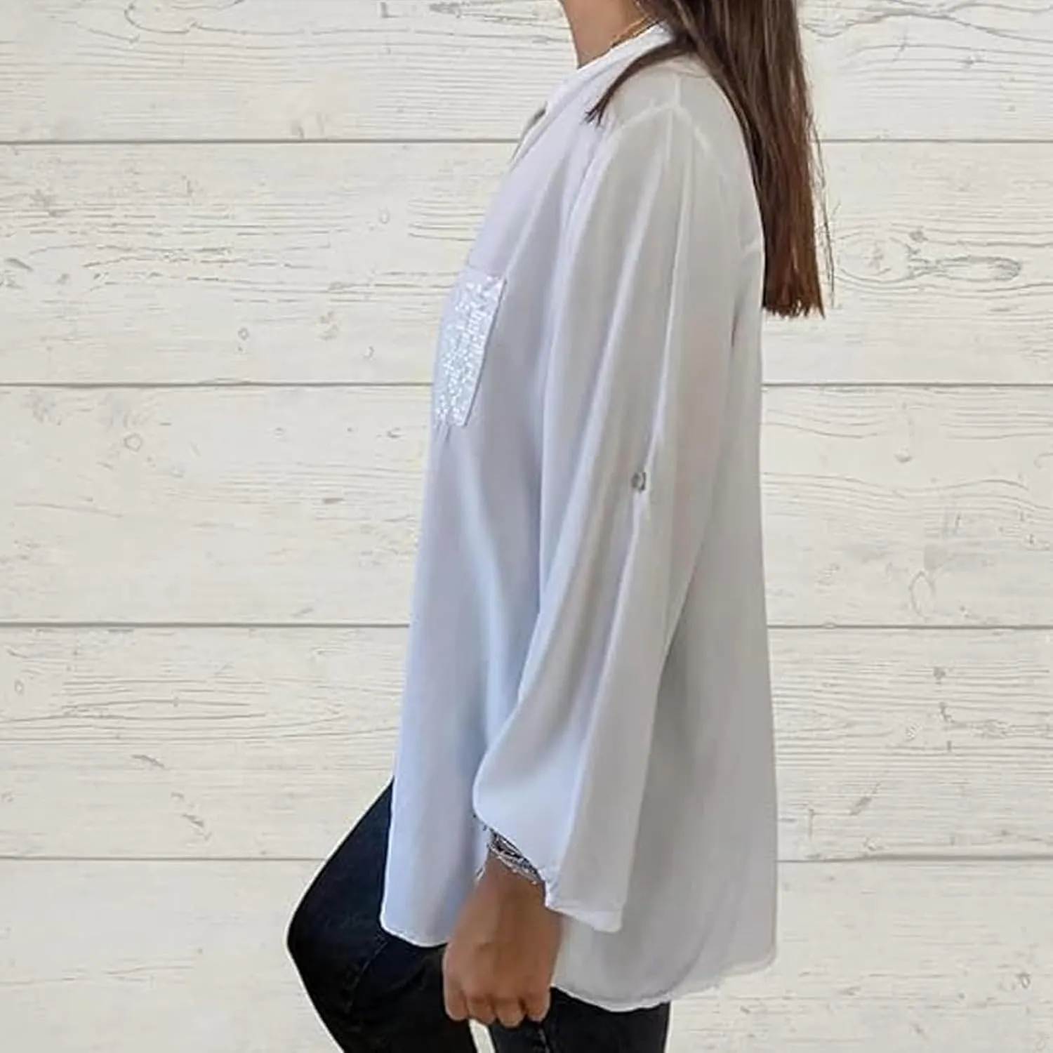Cotton V-Neck Sequin Mid-Sleeve Casual Top,Glitter Sequin Short Sleeve V Neck Casual Tee Shirt Top for Women