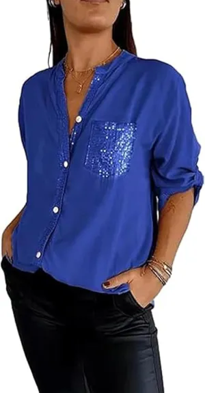 Cotton V-Neck Sequin Mid-Sleeve Casual Top,Glitter Sequin Short Sleeve V Neck Casual Tee Shirt Top for Women