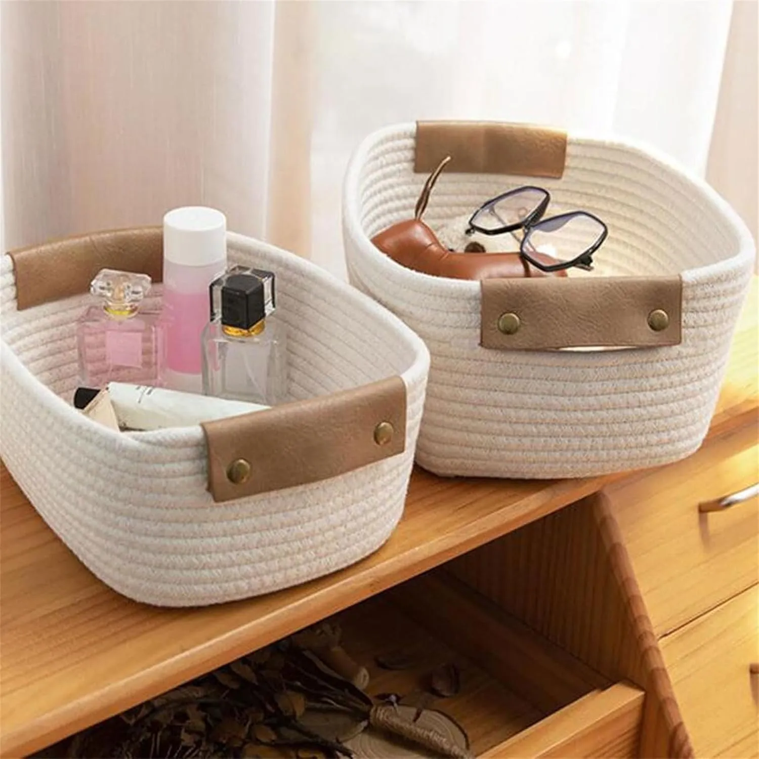 Cotton Woven Storage Basket Leather Handle Fenugreek Grass Organizer Bins Household Desktop Storage Box for Toys, Snacks,Towels, Books,Sundry,Cosmetics Storage Box