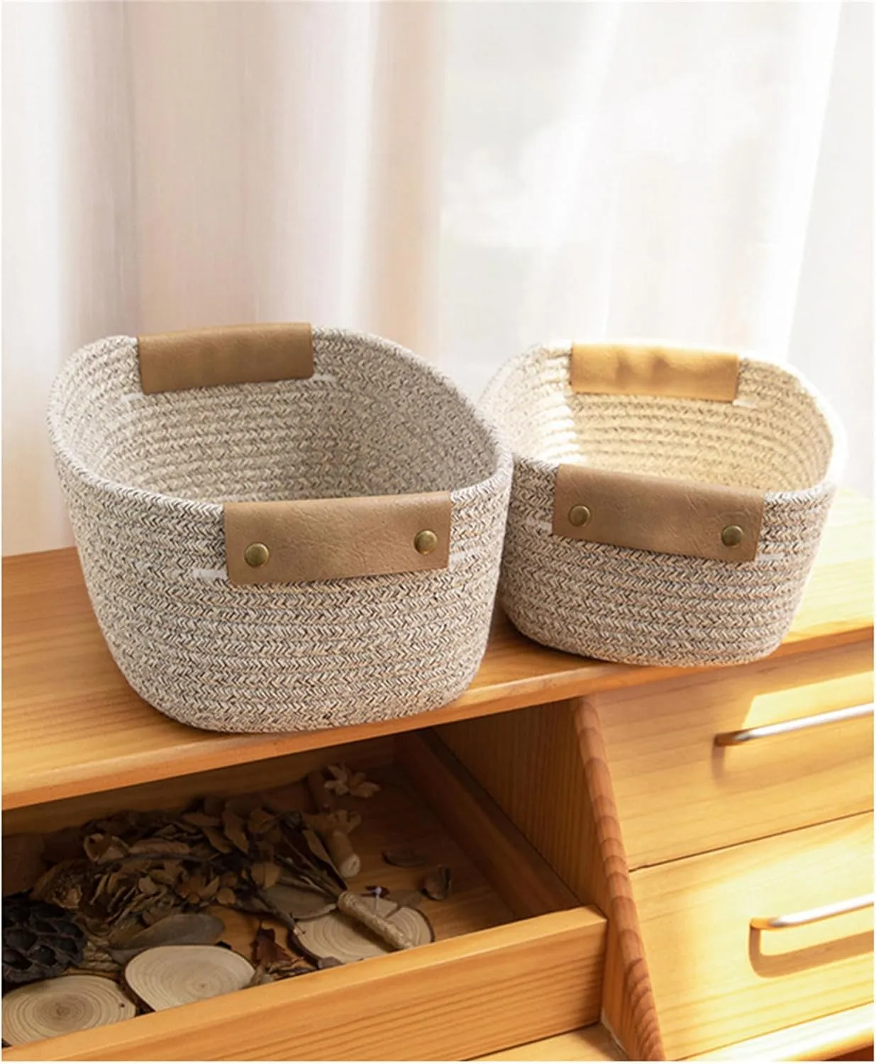 Cotton Woven Storage Basket Leather Handle Fenugreek Grass Organizer Bins Household Desktop Storage Box for Toys, Snacks,Towels, Books,Sundry,Cosmetics Storage Box