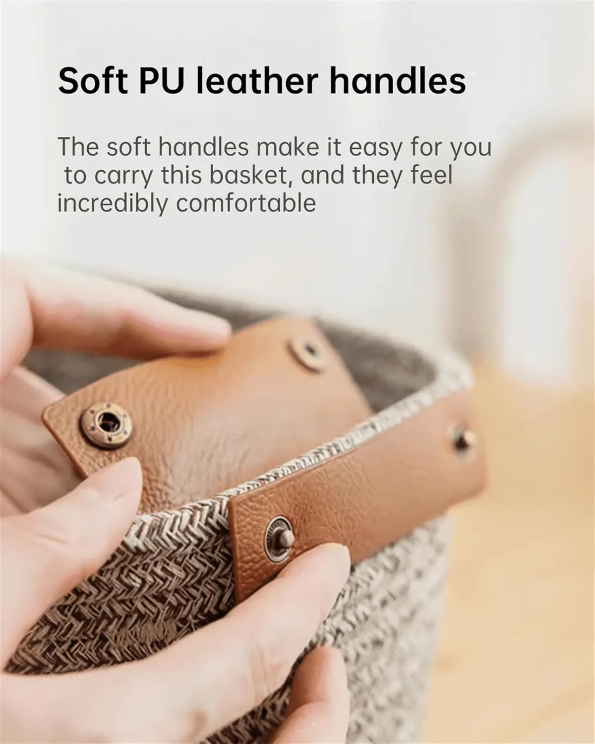 Cotton Woven Storage Basket Leather Handle Fenugreek Grass Organizer Bins Household Desktop Storage Box for Toys, Snacks,Towels, Books,Sundry,Cosmetics Storage Box