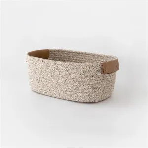 Cotton Woven Storage Basket Leather Handle Fenugreek Grass Organizer Bins Household Desktop Storage Box for Toys, Snacks,Towels, Books,Sundry,Cosmetics Storage Box