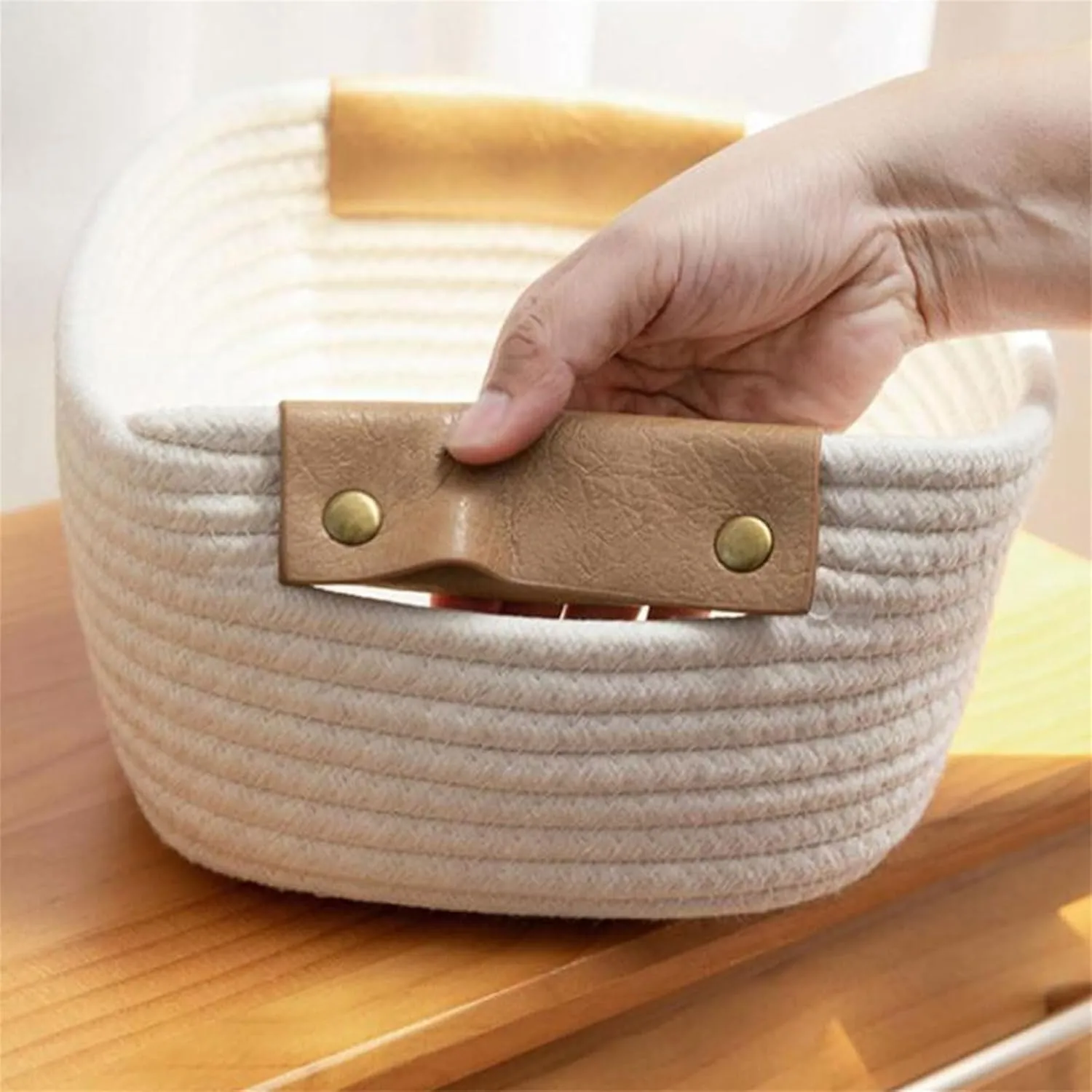 Cotton Woven Storage Basket Leather Handle Fenugreek Grass Organizer Bins Household Desktop Storage Box for Toys, Snacks,Towels, Books,Sundry,Cosmetics Storage Box