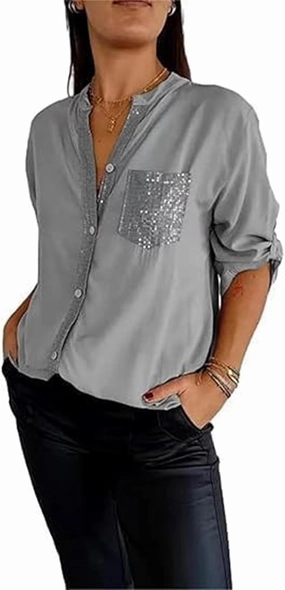 Cotton V-Neck Sequin Mid-Sleeve Casual Top,Glitter Sequin Short Sleeve V Neck Casual Tee Shirt Top for Women