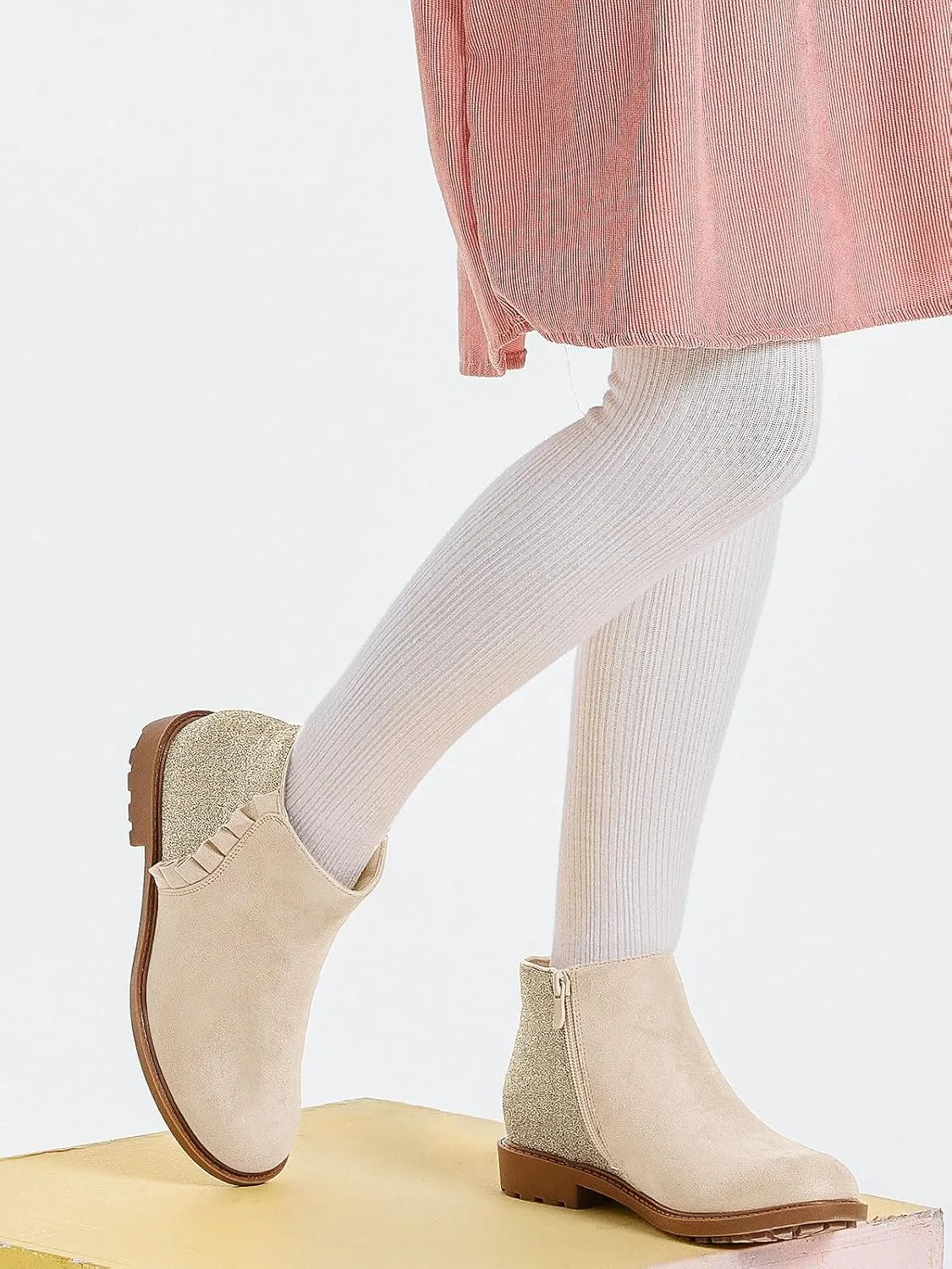 Coutgo Girls Glitter Ankle Boots Kids Ruffle Dress Booties Fashion Chunky Side Zip Casual Shoes
