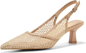Coutgo Women's Slingback Kitten Low Heels Mesh Pumps Closed Pointed Toe Wedding Work Dress Shoes