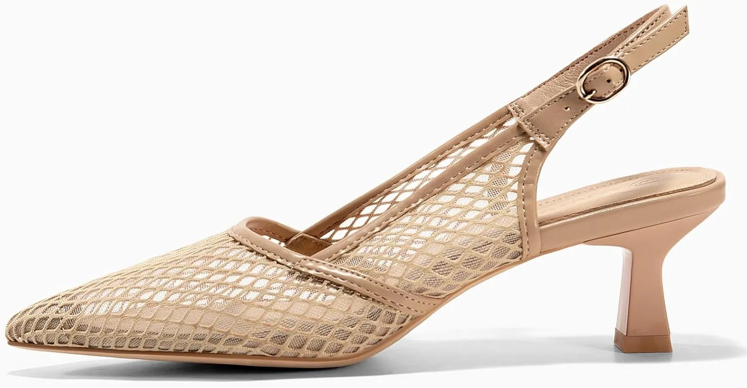 Coutgo Women's Slingback Kitten Low Heels Mesh Pumps Closed Pointed Toe Wedding Work Dress Shoes
