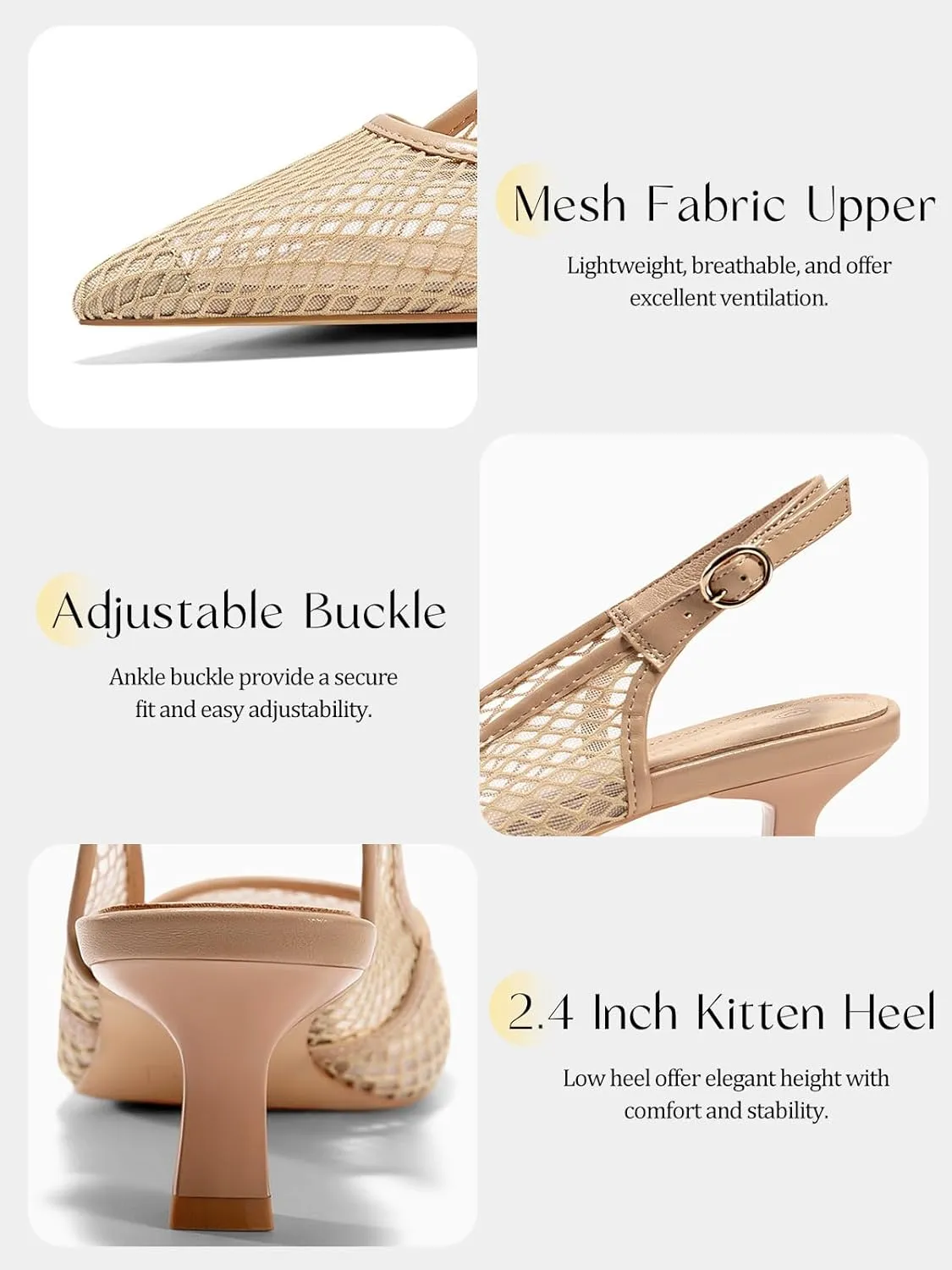 Coutgo Women's Slingback Kitten Low Heels Mesh Pumps Closed Pointed Toe Wedding Work Dress Shoes