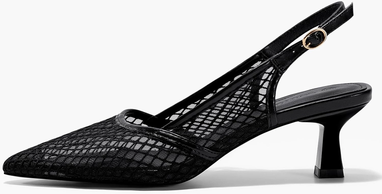 Coutgo Women's Slingback Kitten Low Heels Mesh Pumps Closed Pointed Toe Wedding Work Dress Shoes