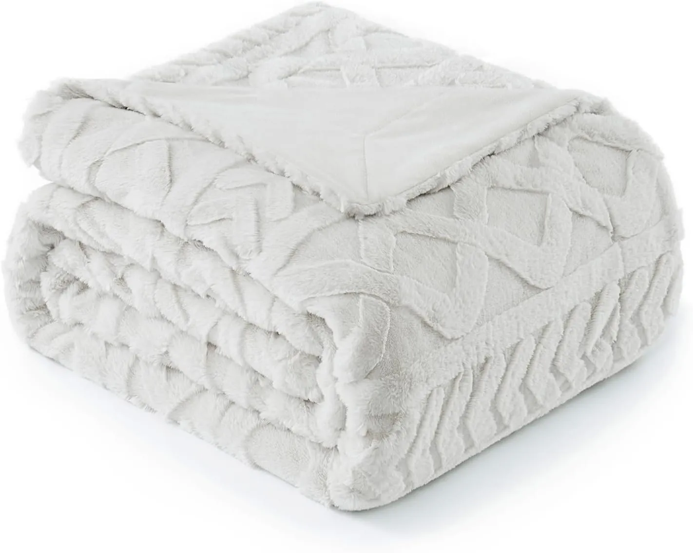Cozy Bliss Faux Fur Throw Blanket for Couch, Jacquard Fuzzy Plush Soft Thick Winter Throw Blanket for Sofa Bed Living Room Bedroom，50"x60" Beige
