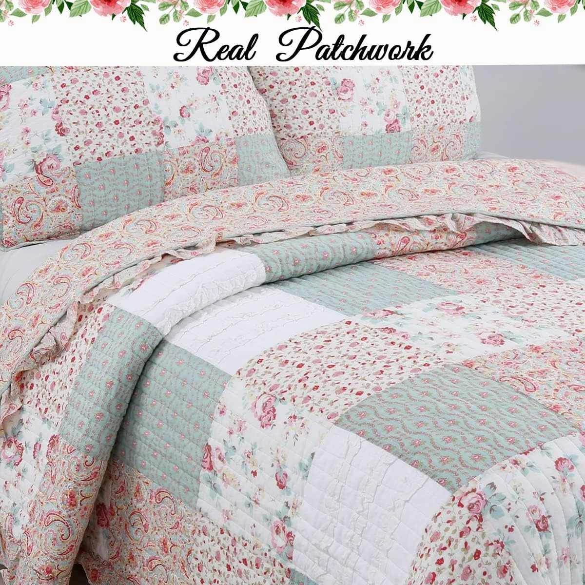 Cozy Line Home Fashions 100% Cotton Real Patchwork Floral Coral Pink Ruffled Shabby Chic Girly Reversible Quilt Bedding Set, Coverlet Bedspread (Sweet Roses, Queen - 3 Piece)