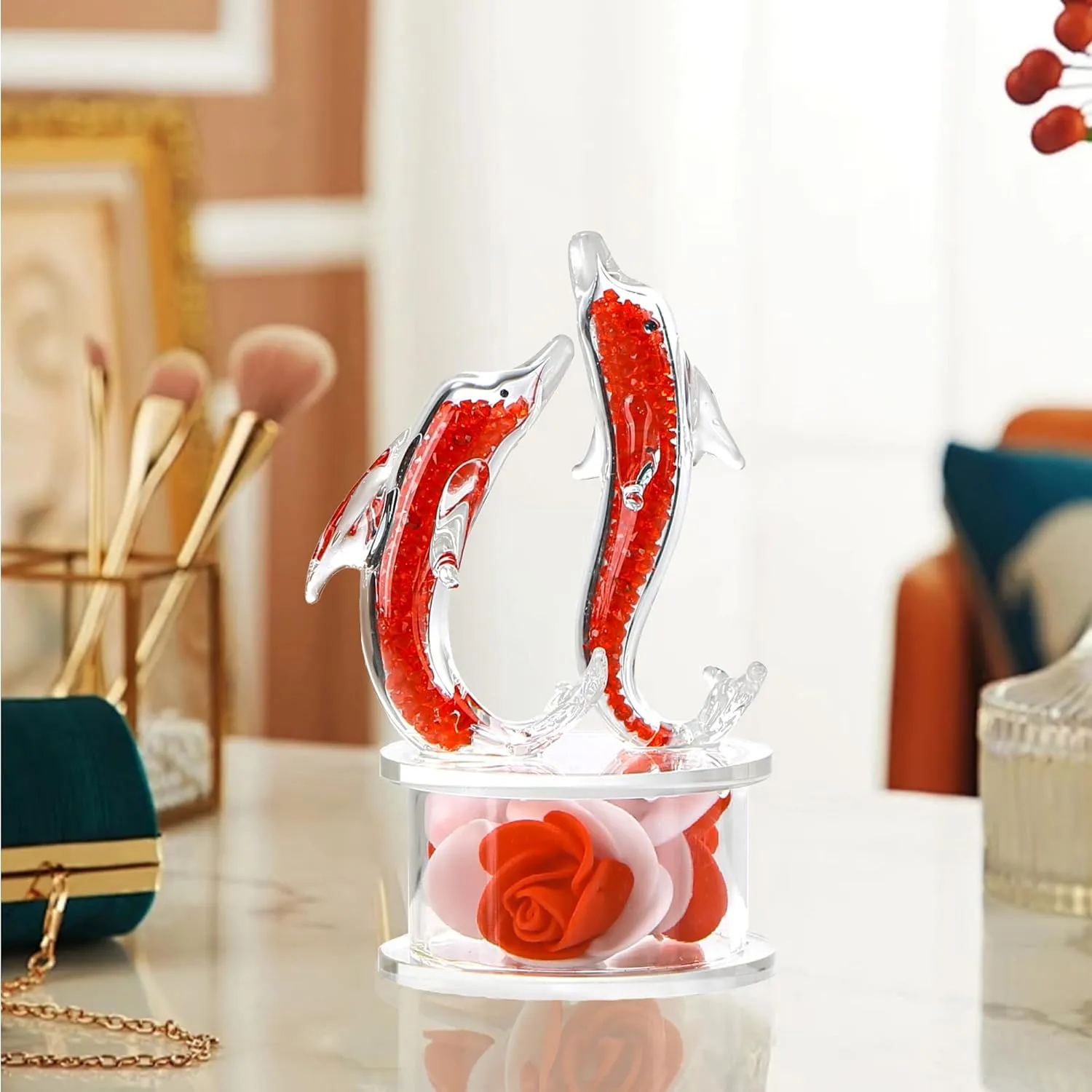 Crystal Dolphin Figurines for Women Men,Handcrafted Glass Animals Figurines for Home Desk Decoration,Valentines Day Dolphin Gift for Women Girlfriend Wife(Red)