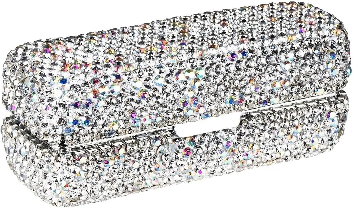 Crystal Lipstick Case Holder with Mirror Lipstick Organizer for Travel Ladies Fashion Portable Glitter Shiny Diamonds Clip Holder Rhinestone Lip Gloss Makeup Storage Bag -White