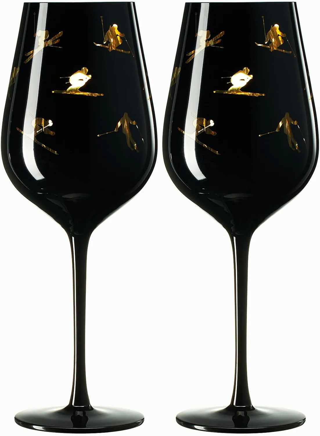 Crystal Stemmed Skiing, Apres Ski Skiier Wine Glasses Goblets - Set of 2-14oz Vibrant Themed Winter Snow Sports Ski & Snowboard Frosted Glass, Black & Gold Etched, Great for Gifts for Her, Him Skier