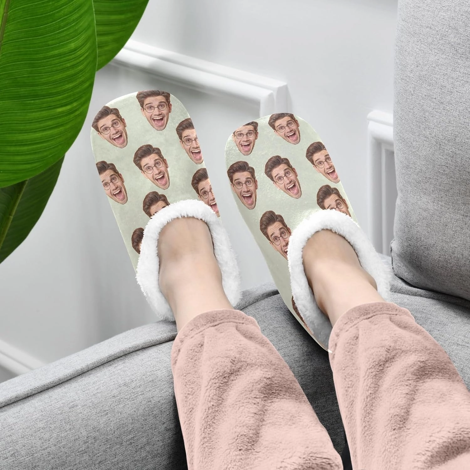 Custom Fuzzy Memory Foam Closed Back Slippers for Women Men Personalized Knit Fleece Lined House Shoes with Face Photos Warm Socks for Outdoor Indoor Bedroom Hotel