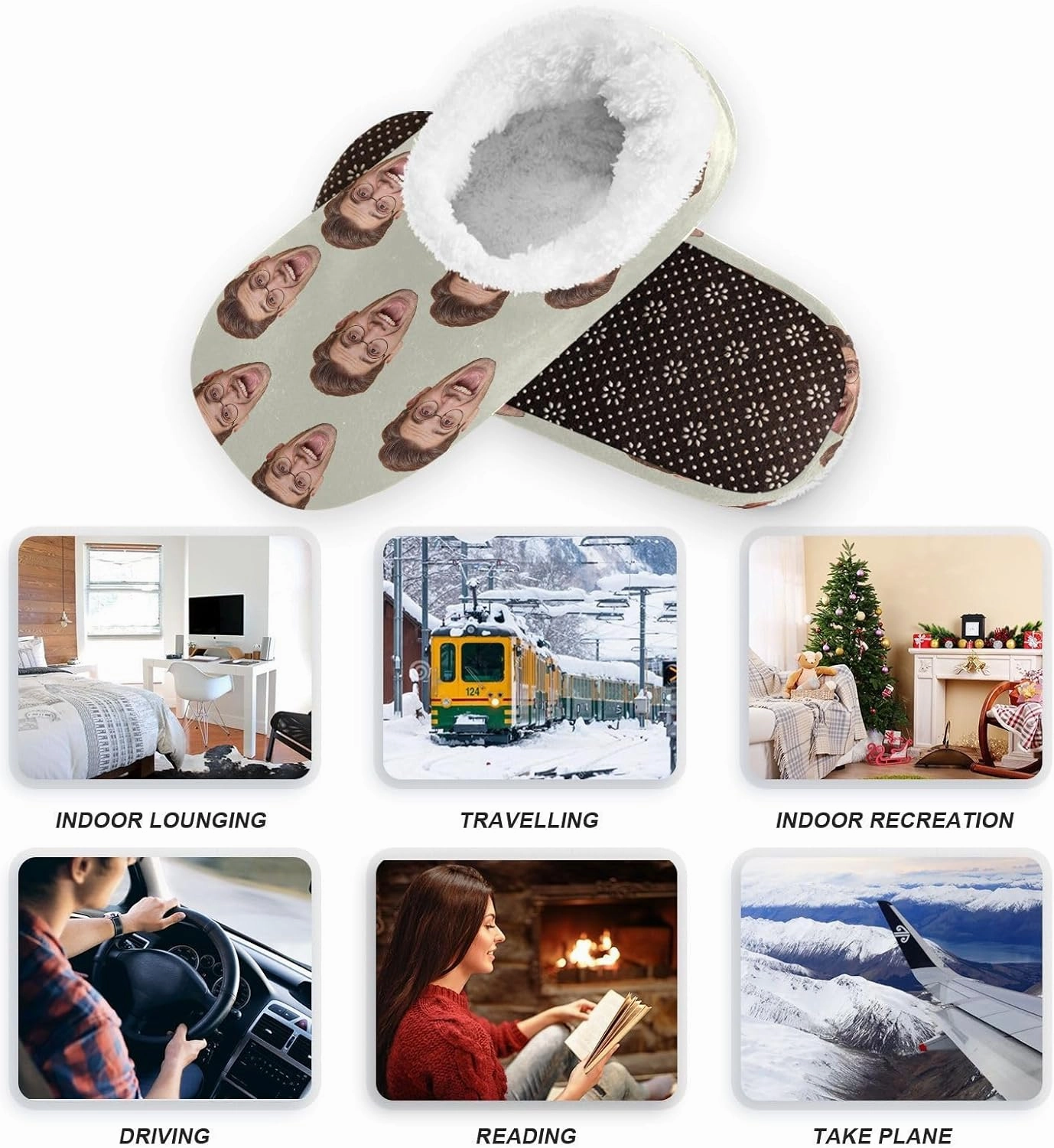 Custom Fuzzy Memory Foam Closed Back Slippers for Women Men Personalized Knit Fleece Lined House Shoes with Face Photos Warm Socks for Outdoor Indoor Bedroom Hotel