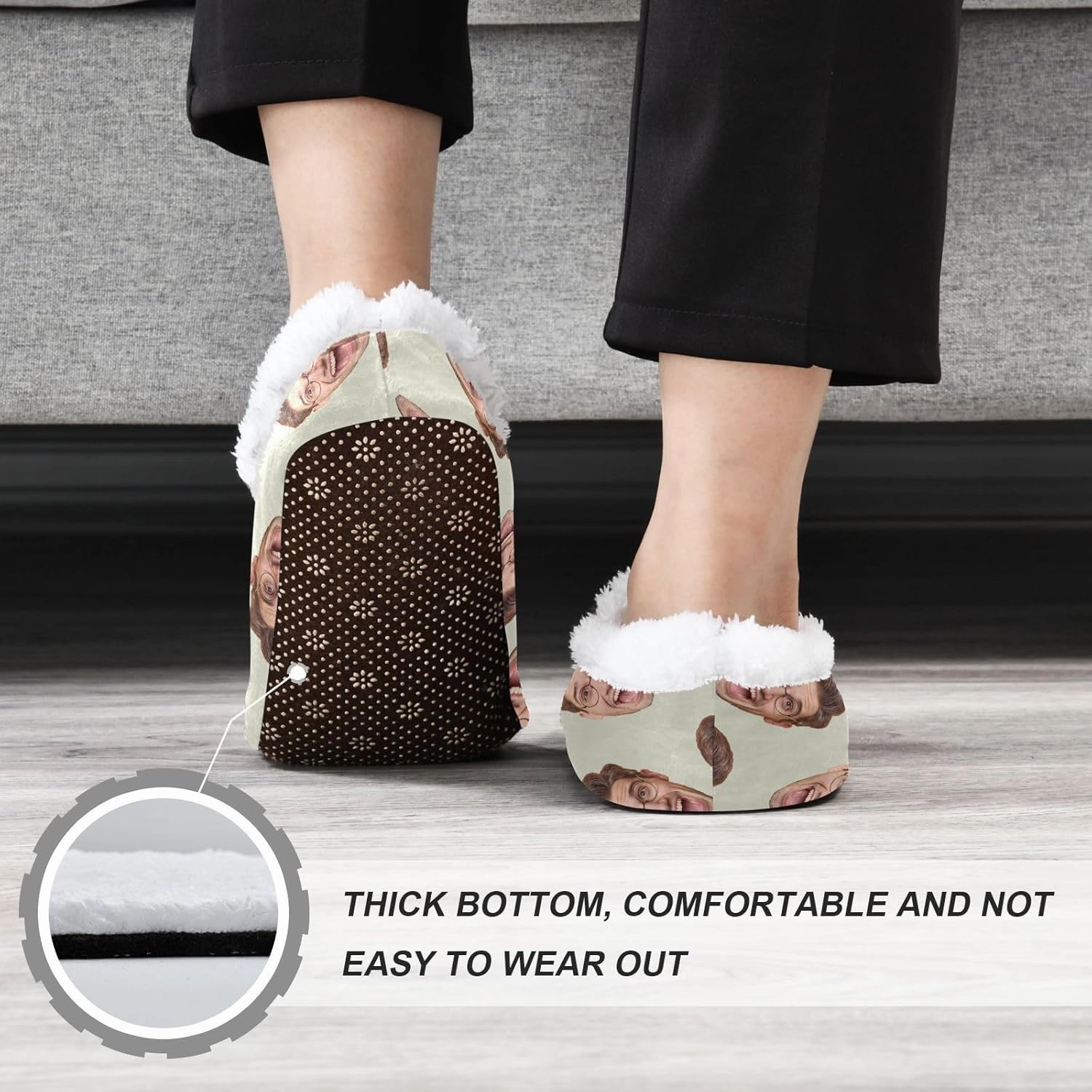 Custom Fuzzy Memory Foam Closed Back Slippers for Women Men Personalized Knit Fleece Lined House Shoes with Face Photos Warm Socks for Outdoor Indoor Bedroom Hotel