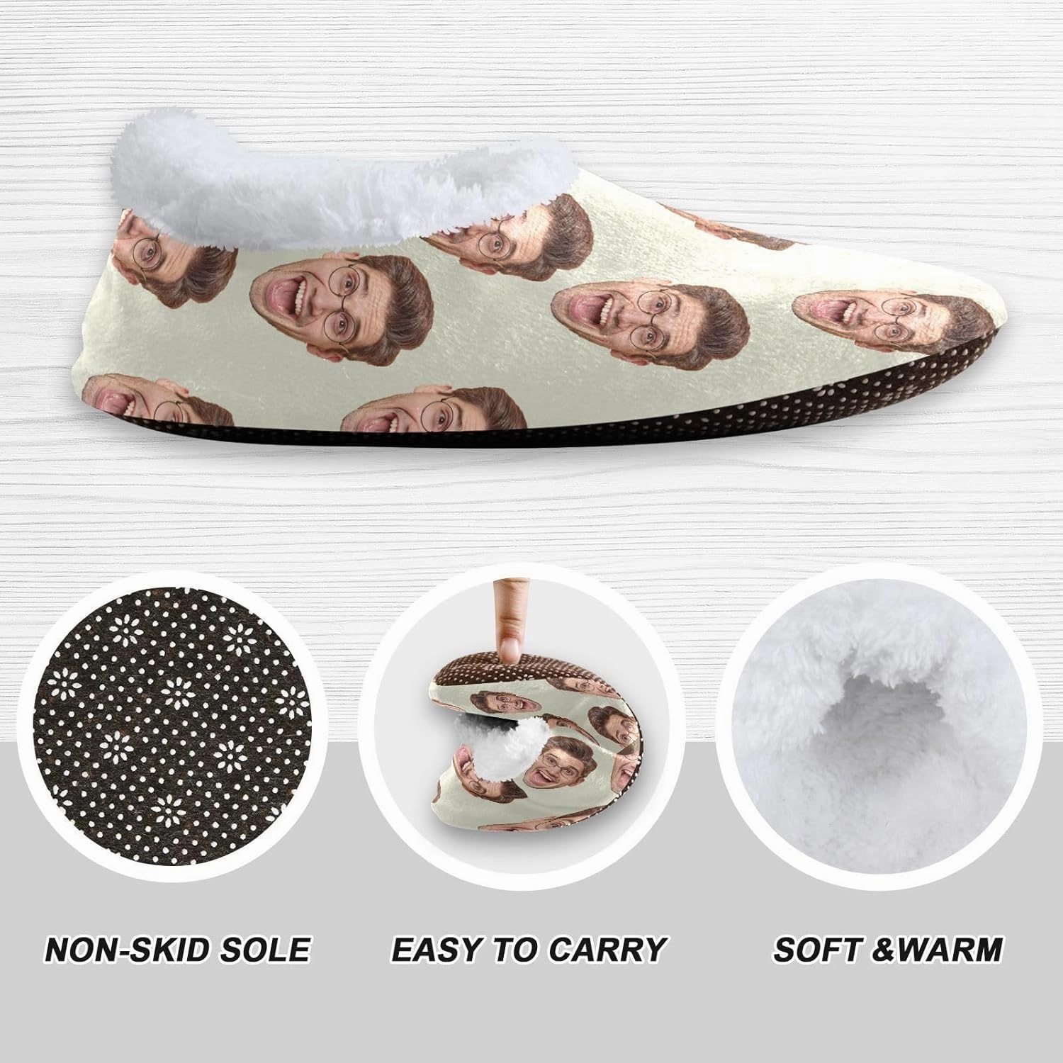 Custom Fuzzy Memory Foam Closed Back Slippers for Women Men Personalized Knit Fleece Lined House Shoes with Face Photos Warm Socks for Outdoor Indoor Bedroom Hotel