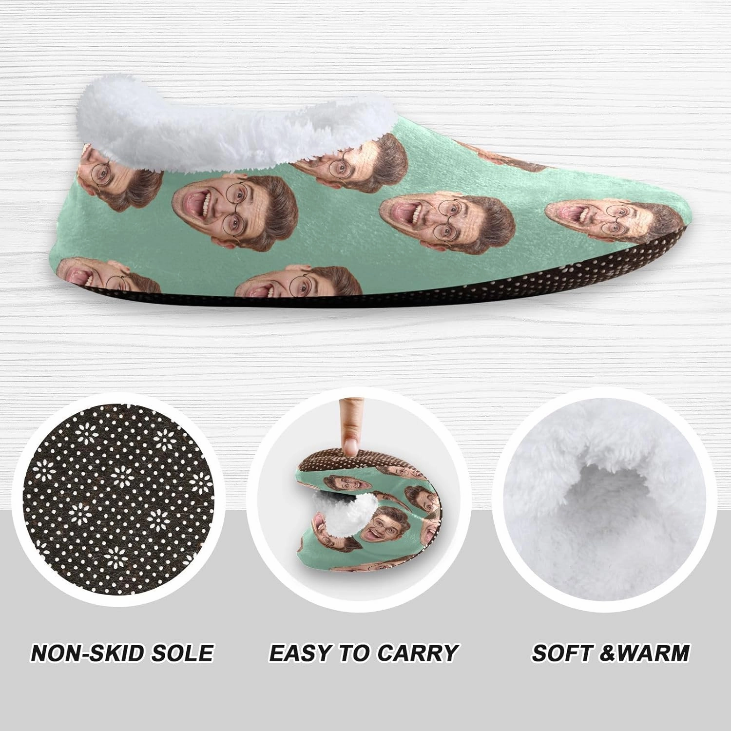 Custom Fuzzy Memory Foam Closed Back Slippers for Women Men Personalized Knit Fleece Lined House Shoes with Face Photos Warm Socks for Outdoor Indoor Bedroom Hotel