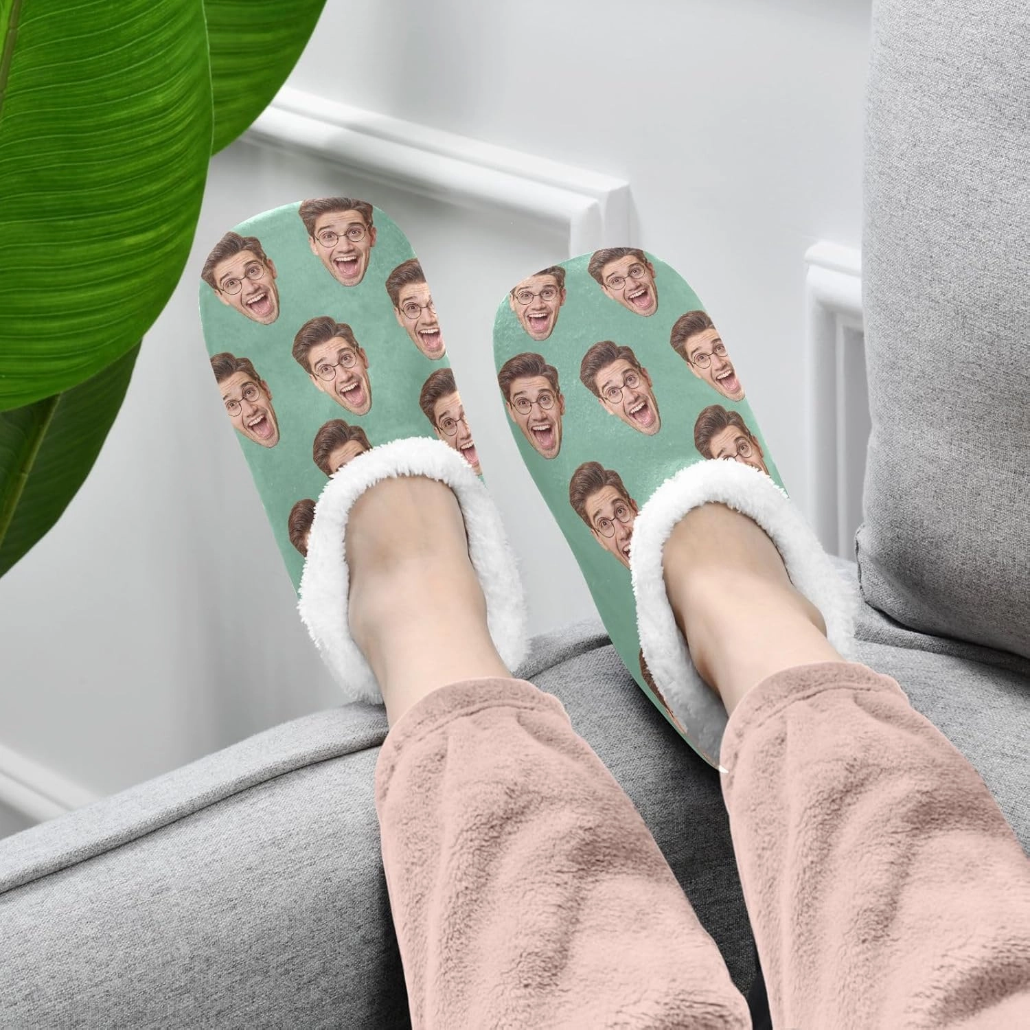 Custom Fuzzy Memory Foam Closed Back Slippers for Women Men Personalized Knit Fleece Lined House Shoes with Face Photos Warm Socks for Outdoor Indoor Bedroom Hotel