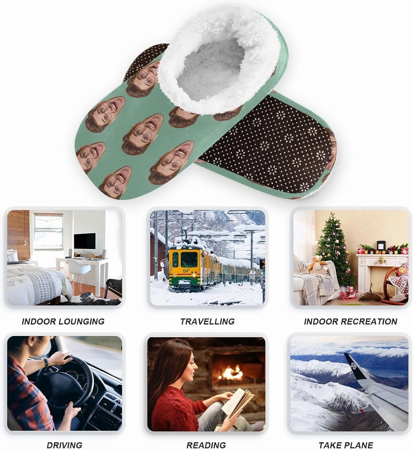 Custom Fuzzy Memory Foam Closed Back Slippers for Women Men Personalized Knit Fleece Lined House Shoes with Face Photos Warm Socks for Outdoor Indoor Bedroom Hotel