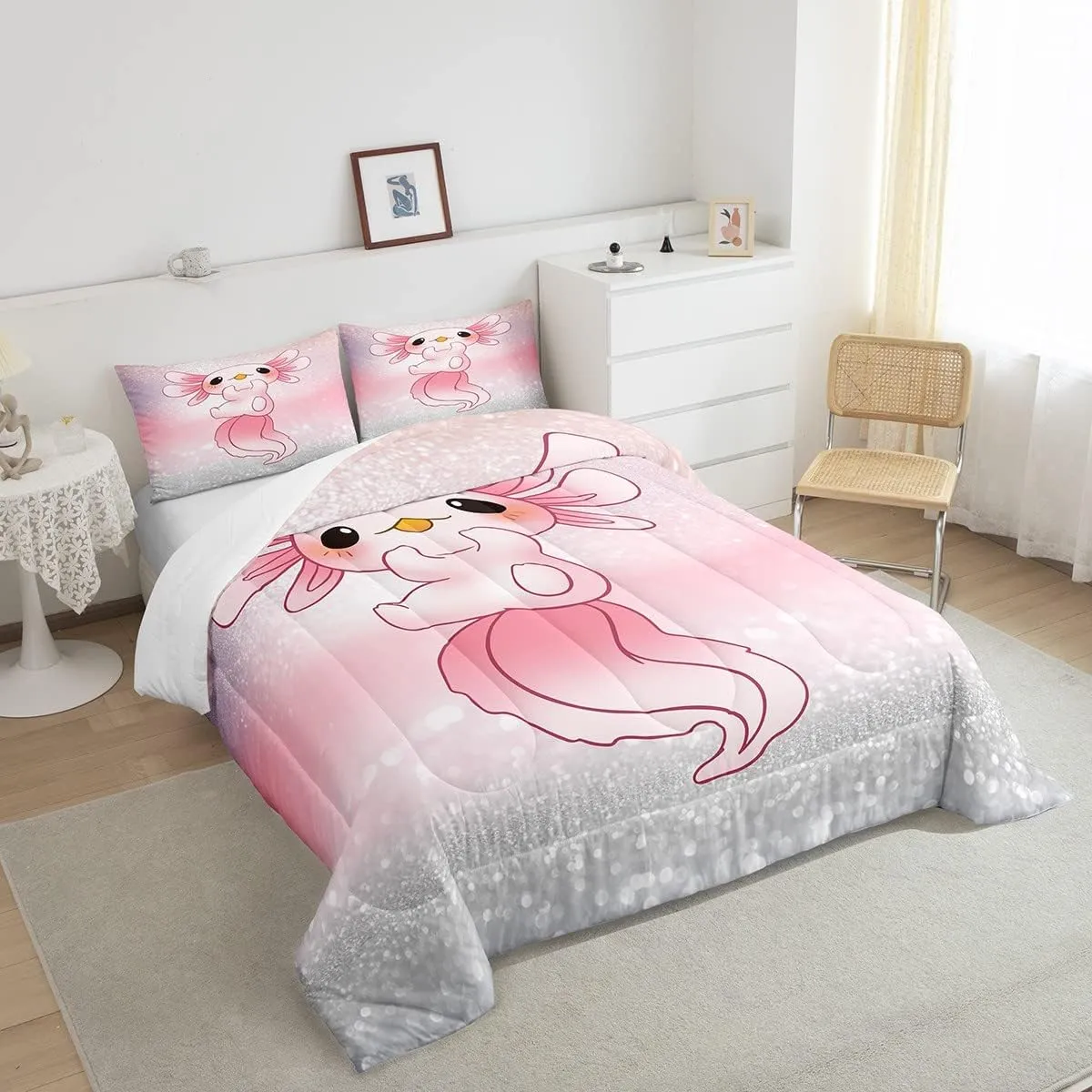 Cute Axolotl Comforter Set Glitter Cartoon Salamander Bedding Set for Kids Boys Girls Pink Ocean Sealife Comforter Kawai Duvet Set 1 Comforter Set with 2 Pillowcases Full Size Boys