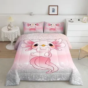 Cute Axolotl Comforter Set Glitter Cartoon Salamander Bedding Set for Kids Boys Girls Pink Ocean Sealife Comforter Kawai Duvet Set 1 Comforter Set with 2 Pillowcases Full Size Boys