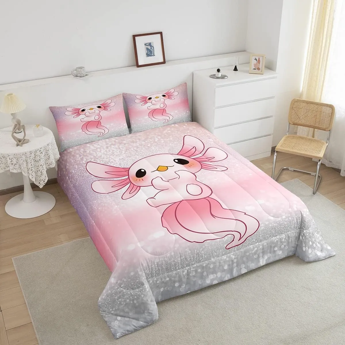 Cute Axolotl Comforter Set Glitter Cartoon Salamander Bedding Set for Kids Boys Girls Pink Ocean Sealife Comforter Kawai Duvet Set 1 Comforter Set with 2 Pillowcases Full Size Boys