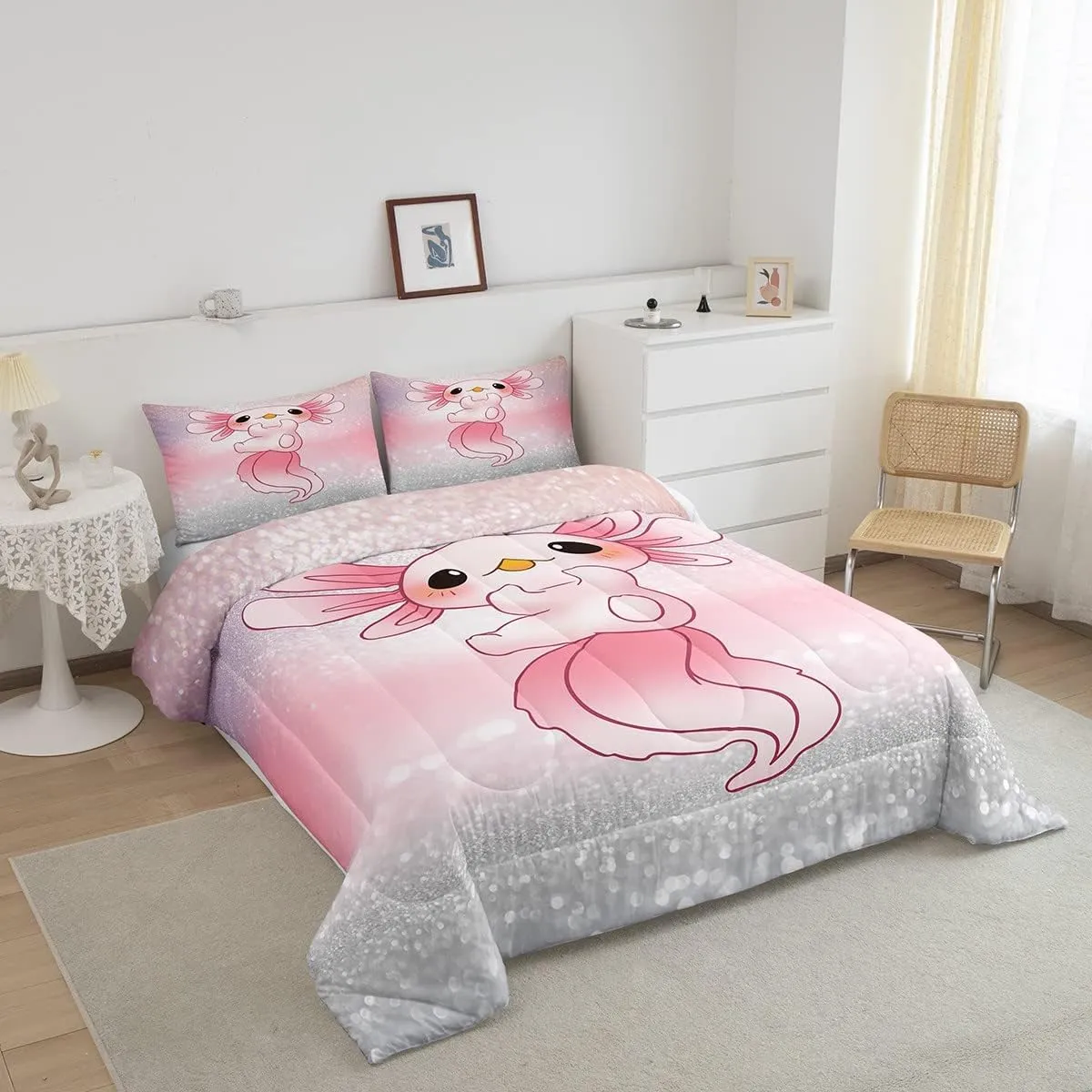 Cute Axolotl Comforter Set Glitter Cartoon Salamander Bedding Set for Kids Boys Girls Pink Ocean Sealife Comforter Kawai Duvet Set 1 Comforter Set with 2 Pillowcases Full Size Boys