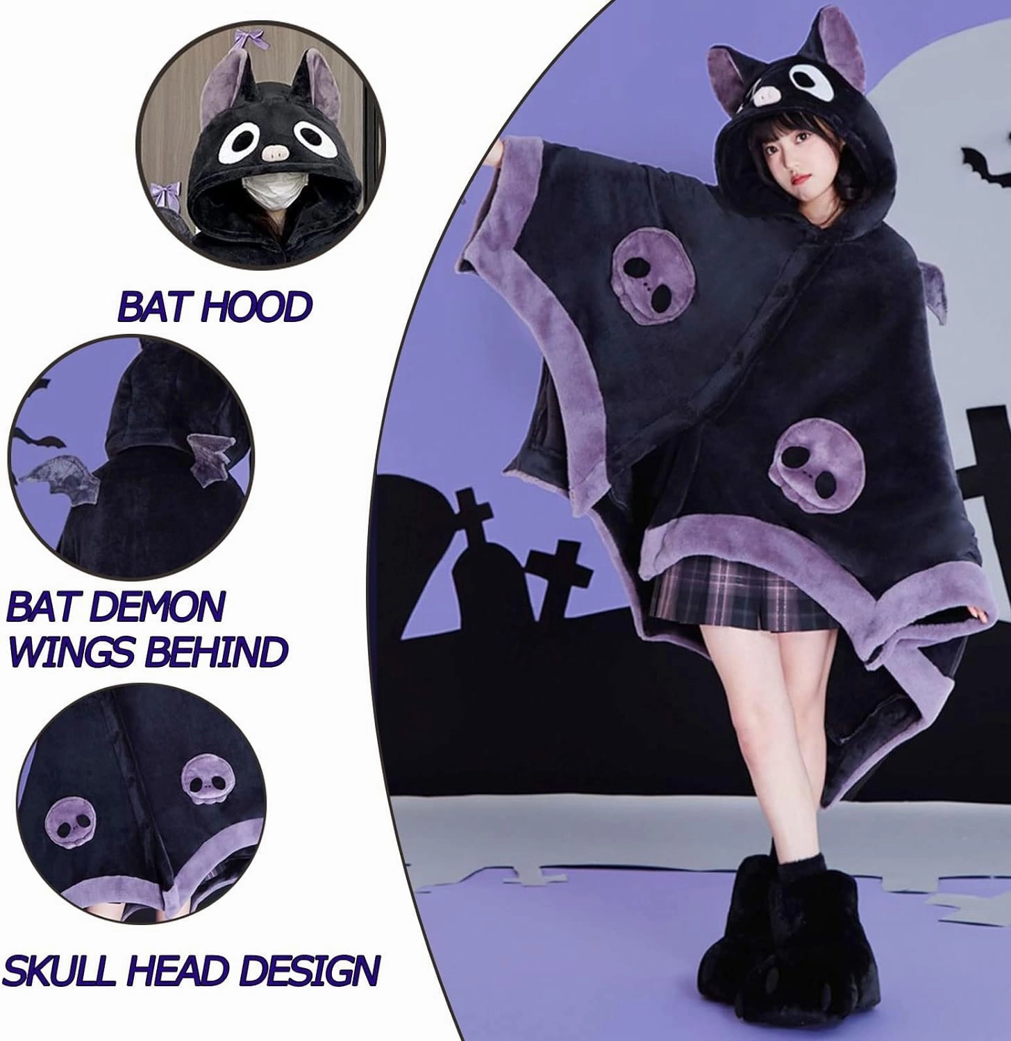 Cute Halloween Wearable Blanket Hoodie Free Size for Adults Devil Bat Hooded Blanket Oversized Soft Sherpa Hoodie Women Throw Cloak Wrap with Demon Wings for Men Child Student,A