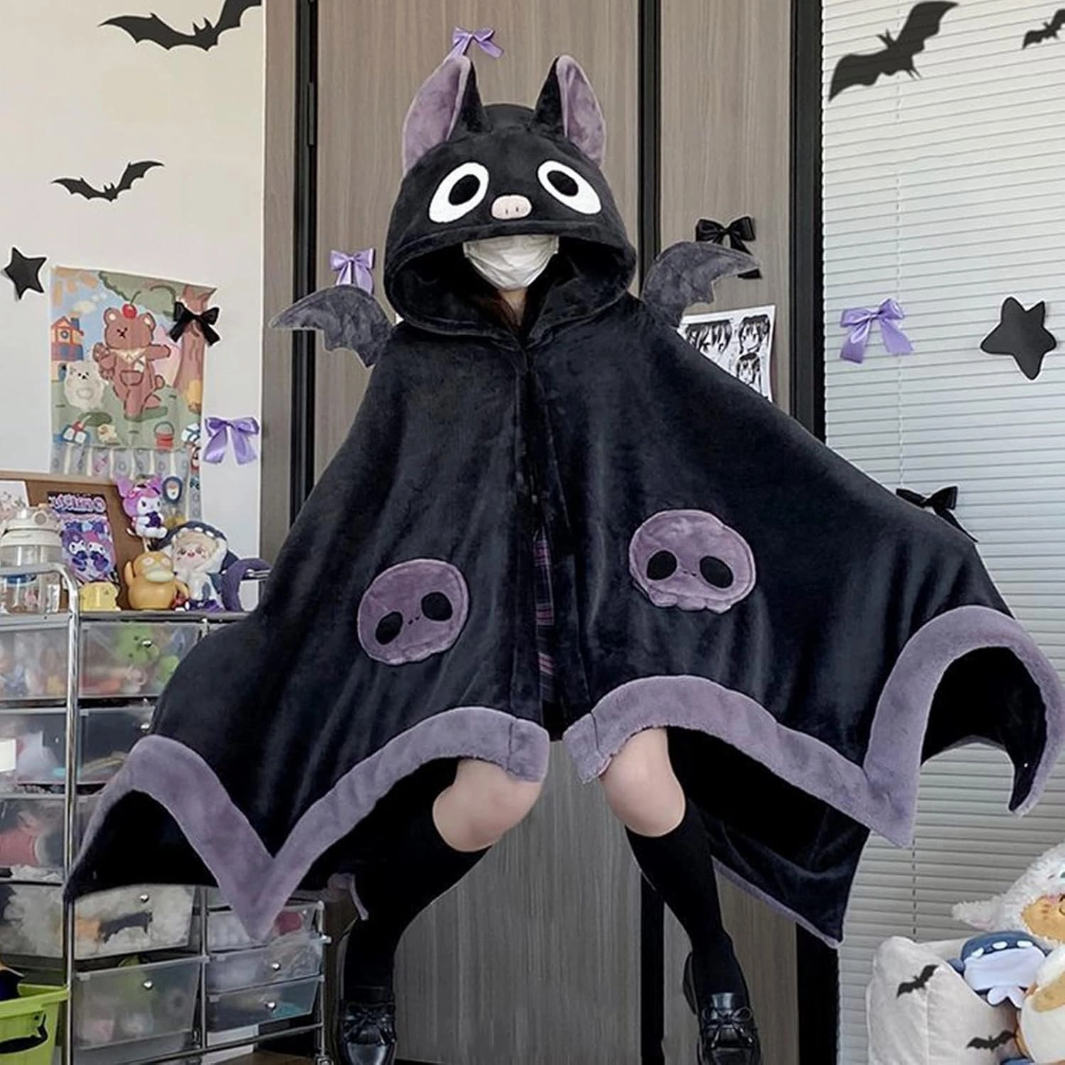 Cute Halloween Wearable Blanket Hoodie Free Size for Adults Devil Bat Hooded Blanket Oversized Soft Sherpa Hoodie Women Throw Cloak Wrap with Demon Wings for Men Child Student,A