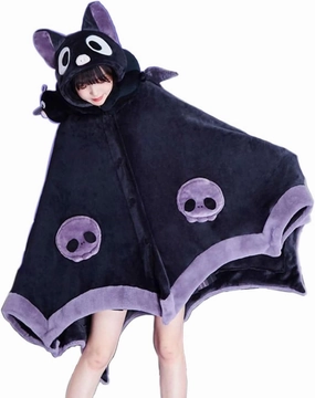 Cute Halloween Wearable Blanket Hoodie Free Size for Adults Devil Bat Hooded Blanket Oversized Soft Sherpa Hoodie Women Throw Cloak Wrap with Demon Wings for Men Child Student,A