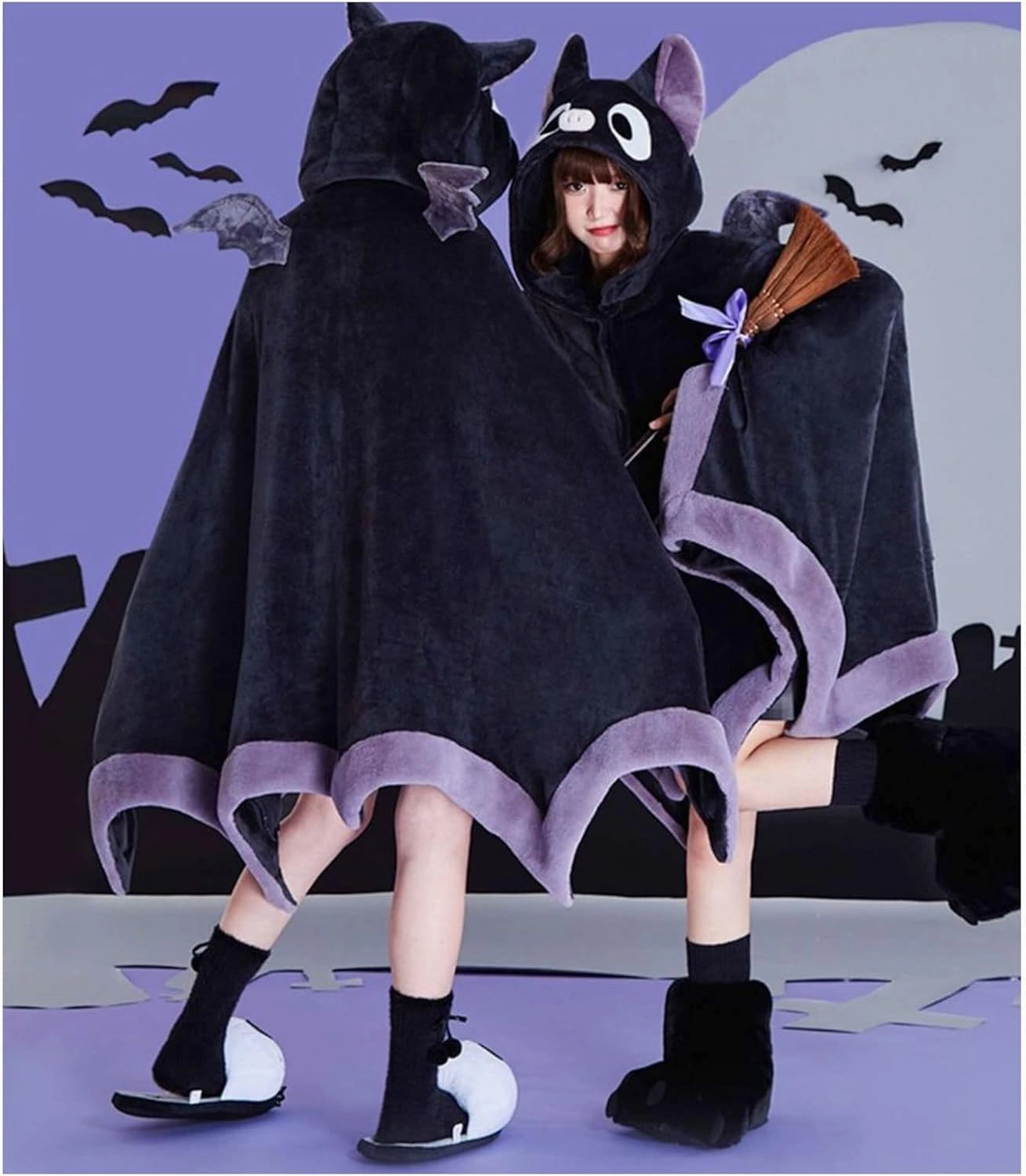 Cute Halloween Wearable Blanket Hoodie Free Size for Adults Devil Bat Hooded Blanket Oversized Soft Sherpa Hoodie Women Throw Cloak Wrap with Demon Wings for Men Child Student,A