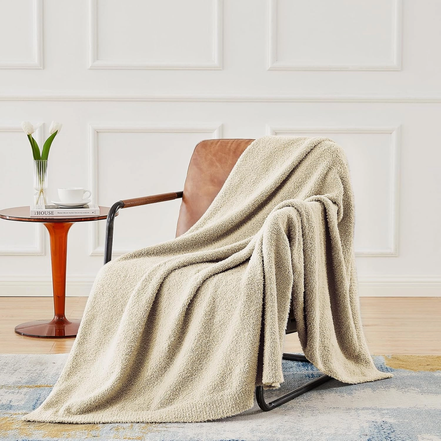 CYMULA Super Soft Knit Throw Blanket Throw Size Beige - Lightweight Plush Fuzzy Fluffy Warm Cozy Blankets and Throws for Sofa Bed All Season Use, 50x60 inches
