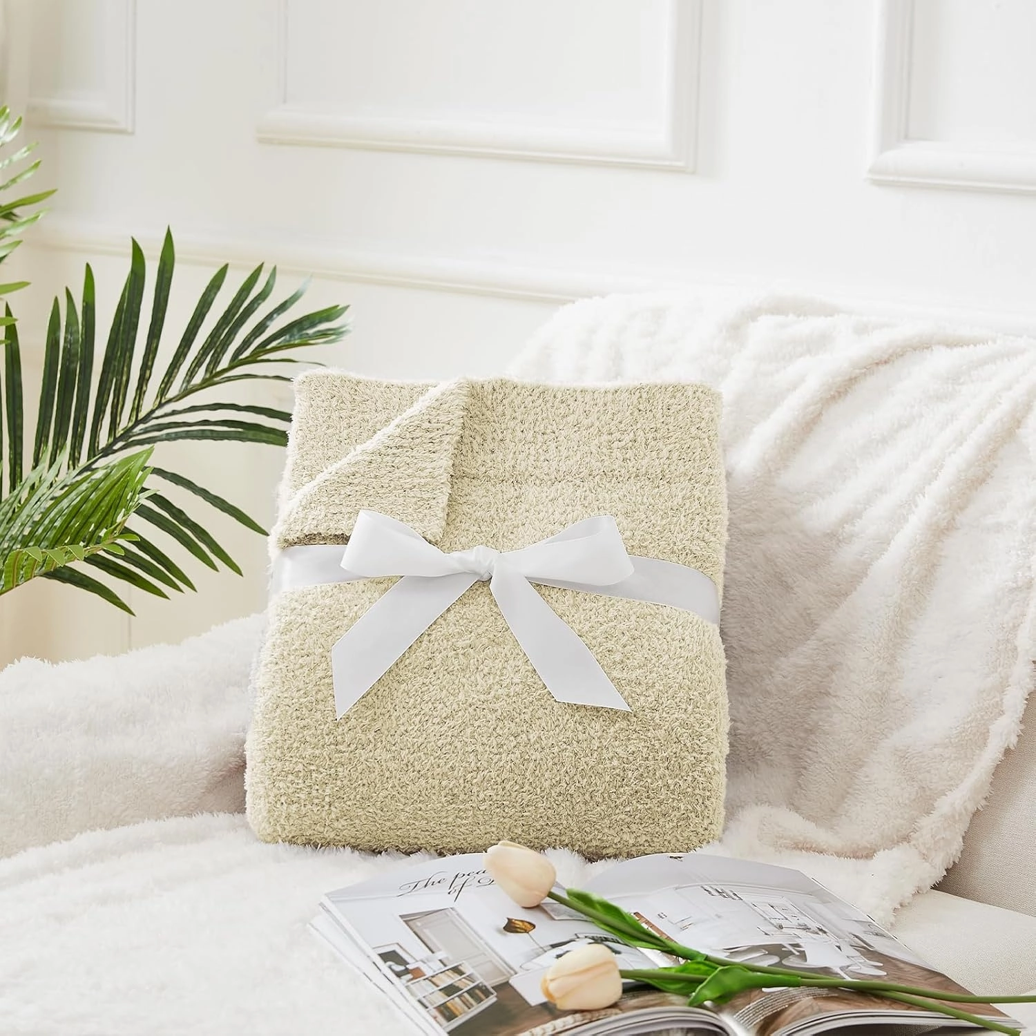 CYMULA Super Soft Knit Throw Blanket Throw Size Beige - Lightweight Plush Fuzzy Fluffy Warm Cozy Blankets and Throws for Sofa Bed All Season Use, 50x60 inches