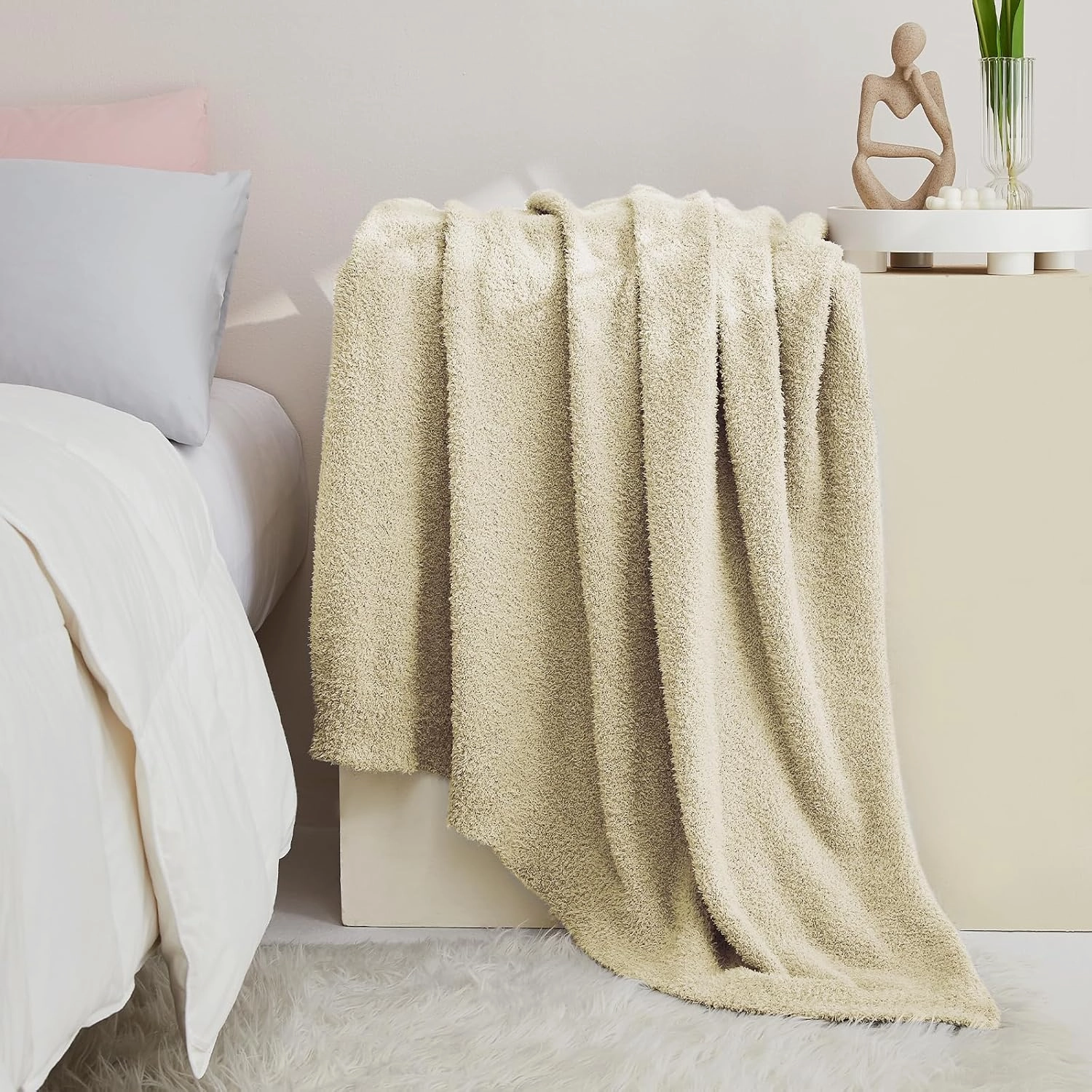 CYMULA Super Soft Knit Throw Blanket Throw Size Beige - Lightweight Plush Fuzzy Fluffy Warm Cozy Blankets and Throws for Sofa Bed All Season Use, 50x60 inches