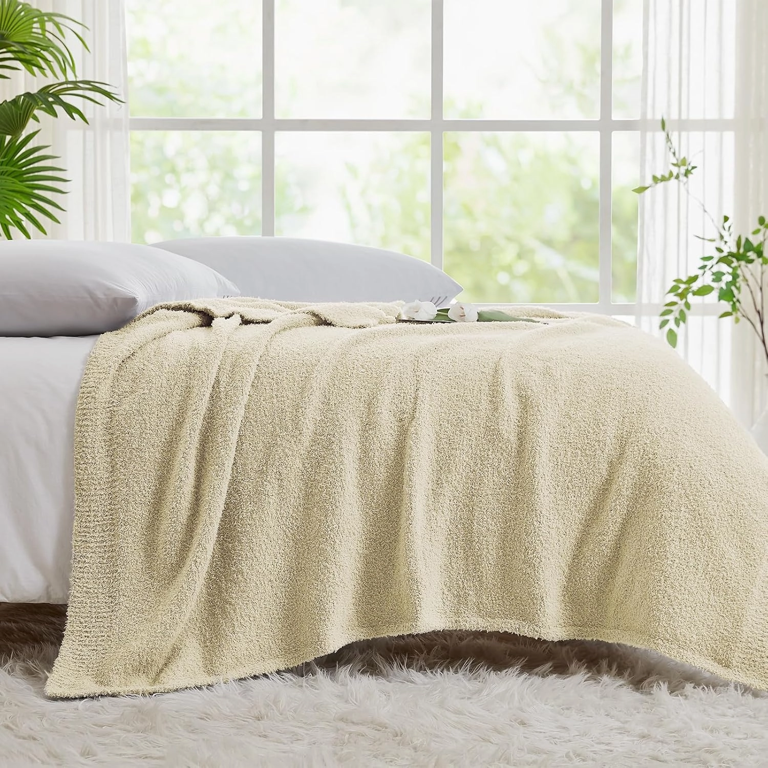 CYMULA Super Soft Knit Throw Blanket Throw Size Beige - Lightweight Plush Fuzzy Fluffy Warm Cozy Blankets and Throws for Sofa Bed All Season Use, 50x60 inches