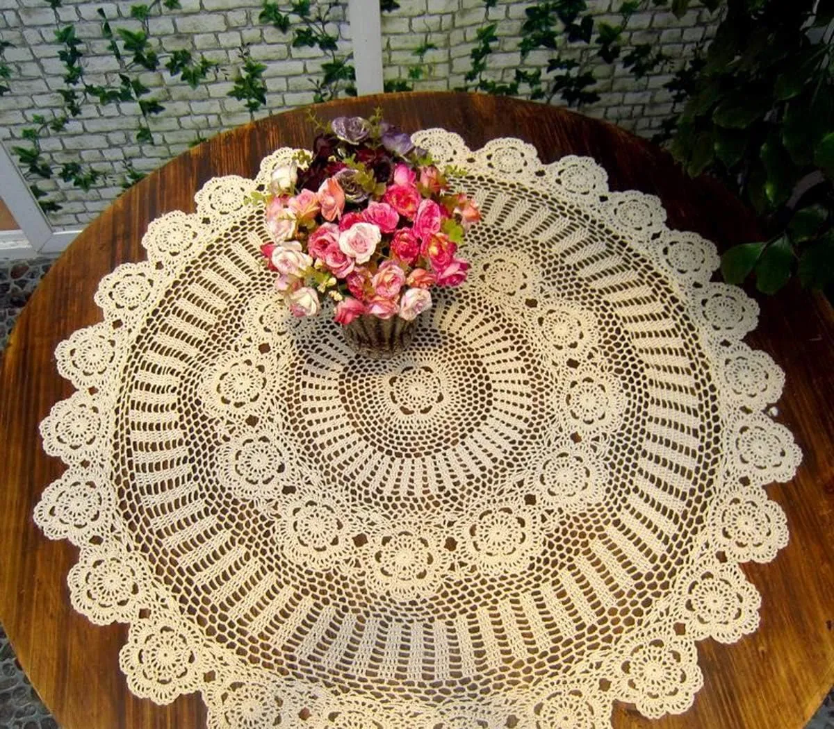 Damanni Beige Cotton Handmade Crochet Lace Tablecloth Doilies Table Overlay,Round,39 Inch