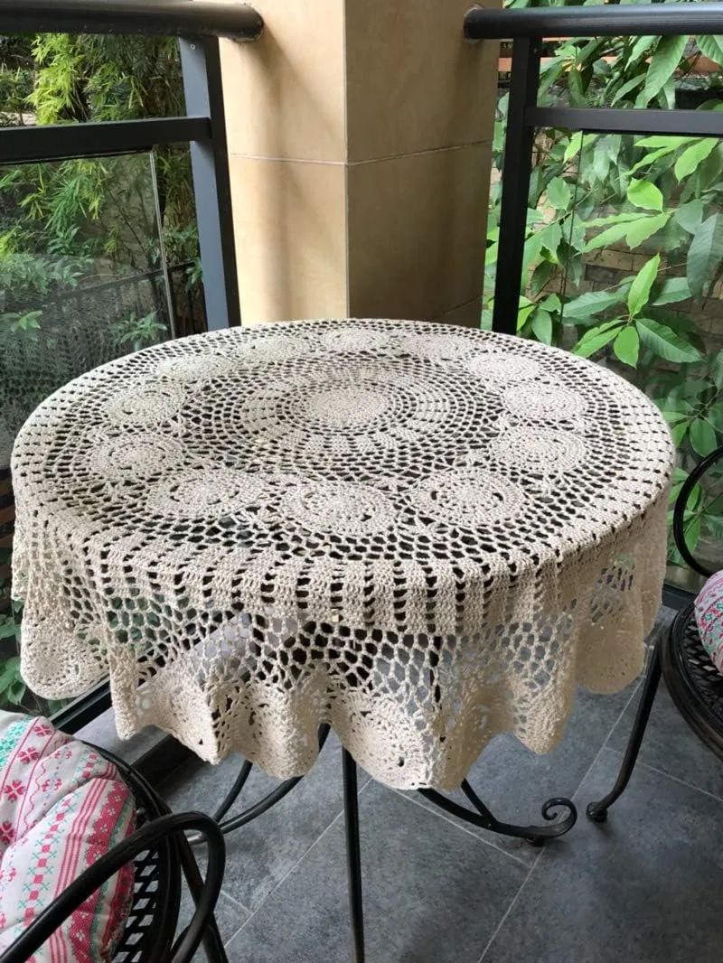 Damanni Beige Cotton Handmade Crochet Lace Tablecloth Doilies Table Overlay,Round,39 Inch