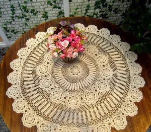 Damanni Beige Cotton Handmade Crochet Lace Tablecloth Doilies Table Overlay,Round,39 Inch