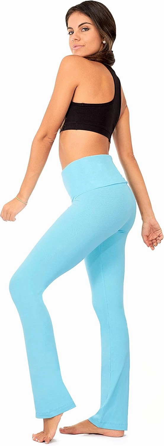 DEAR SPARKLE Bootcut Fold Over Leggings for Women | Slim Look Bootleg Yoga Pants w Pocket   Plus Size (C5 F)