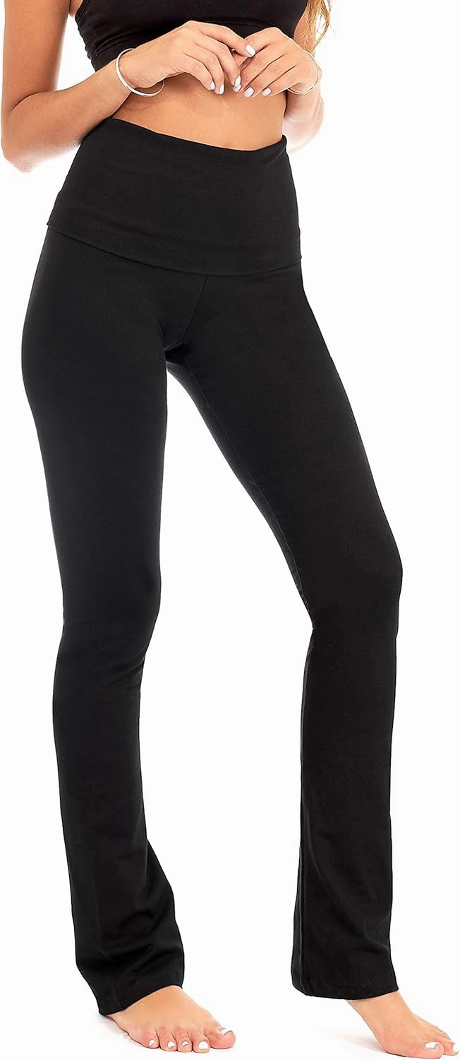 DEAR SPARKLE Bootcut Fold Over Leggings for Women | Slim Look Bootleg Yoga Pants w Pocket   Plus Size (C5 F)