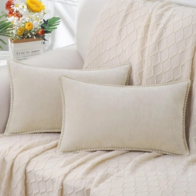 decorUhome Chenille Soft Throw Pillow Covers 12x20 Set of 2, Lumbar Velvet Farmhouse Neutral Decorative Pillow Covers with Stitched Edge for Couch Sofa Bed Home Decor, Beige