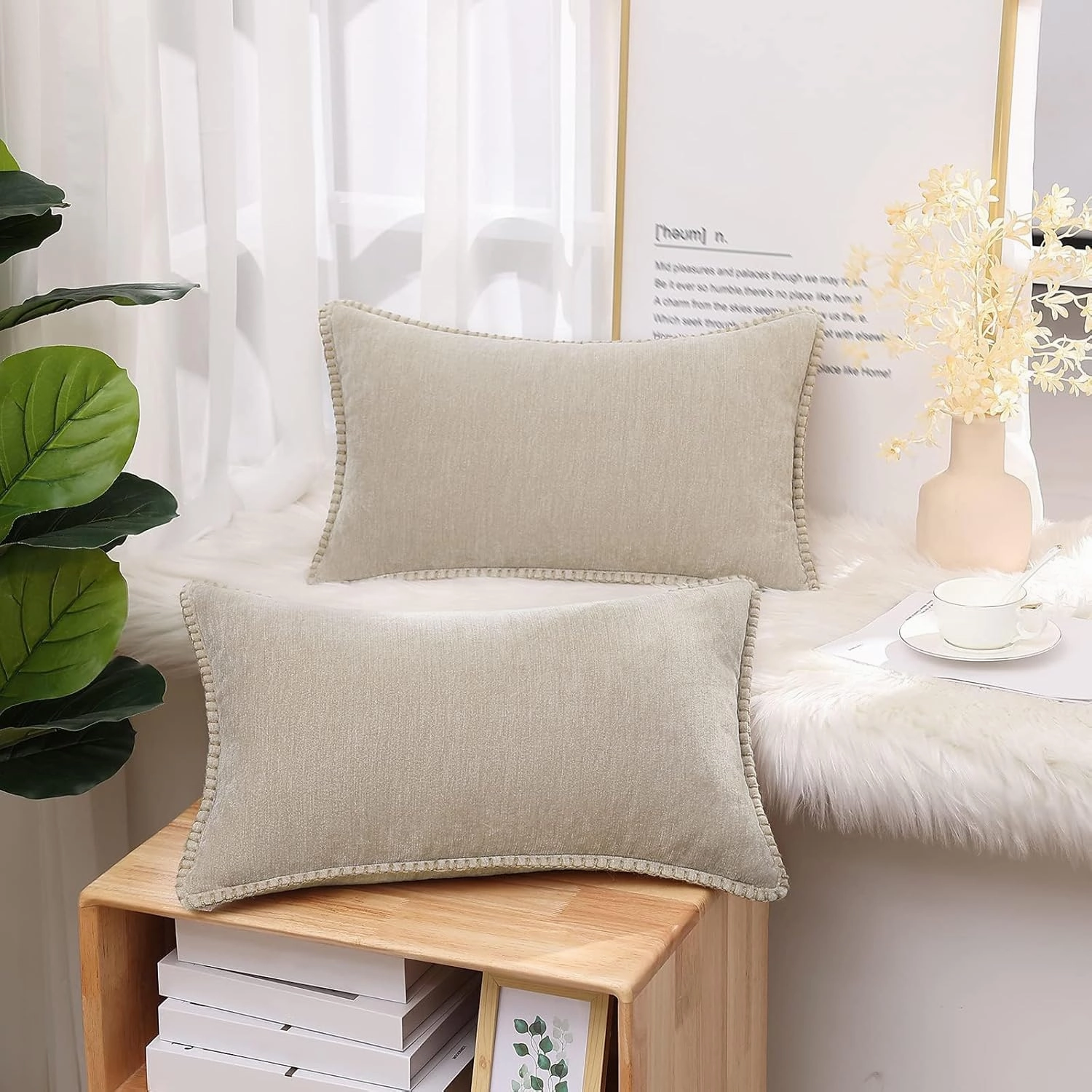 decorUhome Chenille Soft Throw Pillow Covers 12x20 Set of 2, Lumbar Velvet Farmhouse Neutral Decorative Pillow Covers with Stitched Edge for Couch Sofa Bed Home Decor, Beige