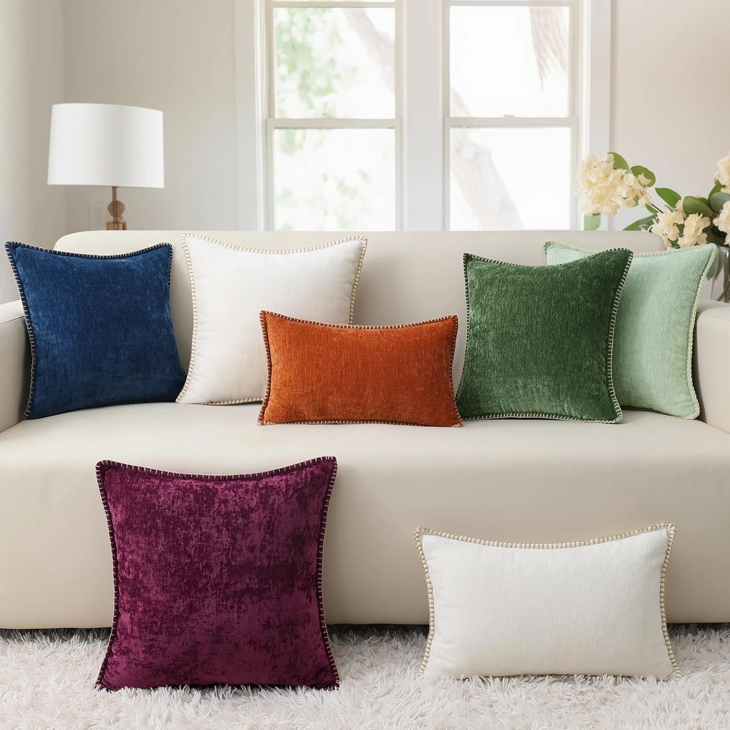 decorUhome Chenille Soft Throw Pillow Covers 12x20 Set of 2, Lumbar Velvet Farmhouse Neutral Decorative Pillow Covers with Stitched Edge for Couch Sofa Bed Home Decor, Beige